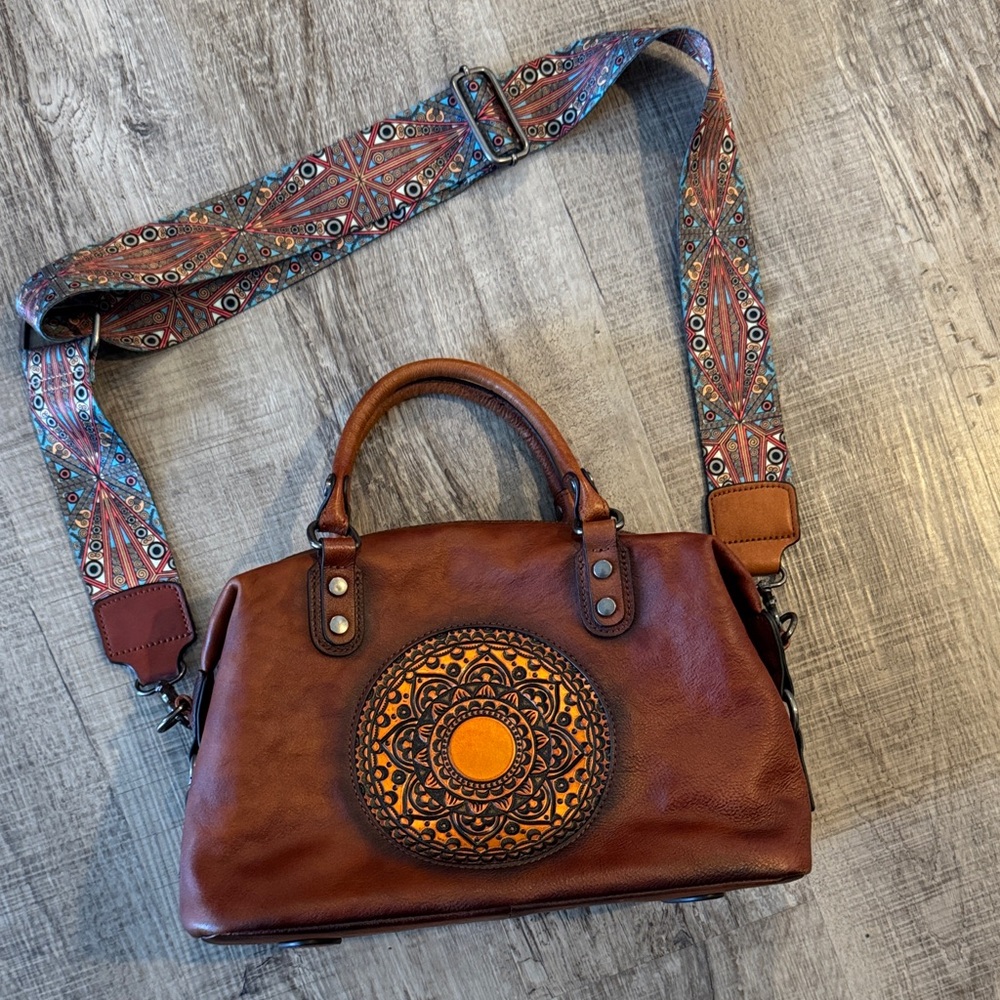 Genuine leather Brown Leather Handbag with Patterned Strap